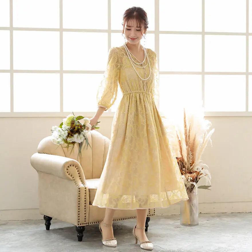 パーティードレス結婚式ワンピースドレスお呼ばれ袖チュール7分袖体型カバージョーゼットラップスカート風ウエストゴム膝丈ミモレ丈パーティー披露宴謝恩会同窓会成人式フォーマルレディース服即日配送