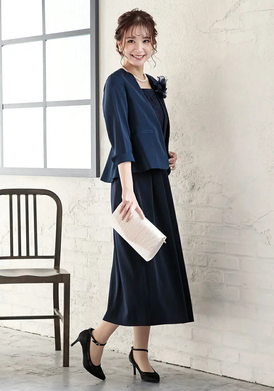 ワンピーススーツ結婚式セレモニードレスパーティードレス秋冬袖ありロング丈大きいサイズロングウエストゴム半袖行事二次会謝恩会成人式同窓会体型カバー