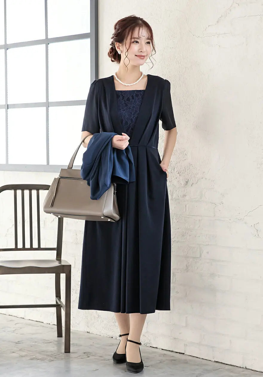 ワンピーススーツ結婚式セレモニードレスパーティードレス秋冬袖ありロング丈大きいサイズロングウエストゴム半袖行事二次会謝恩会成人式同窓会体型カバー