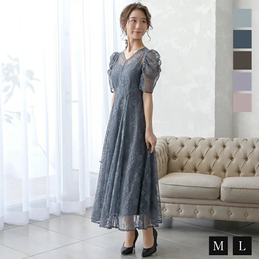 パーティードレス結婚式ドレスワンピースお呼ばれ春夏パワーショルダー袖ありロング丈大きいサイズ二次会謝恩会成人式同窓会体型カバー