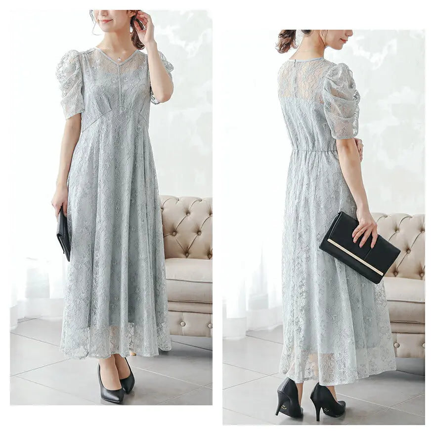 パーティードレス結婚式ドレスワンピースお呼ばれ春夏パワーショルダー袖ありロング丈大きいサイズ二次会謝恩会成人式同窓会体型カバー