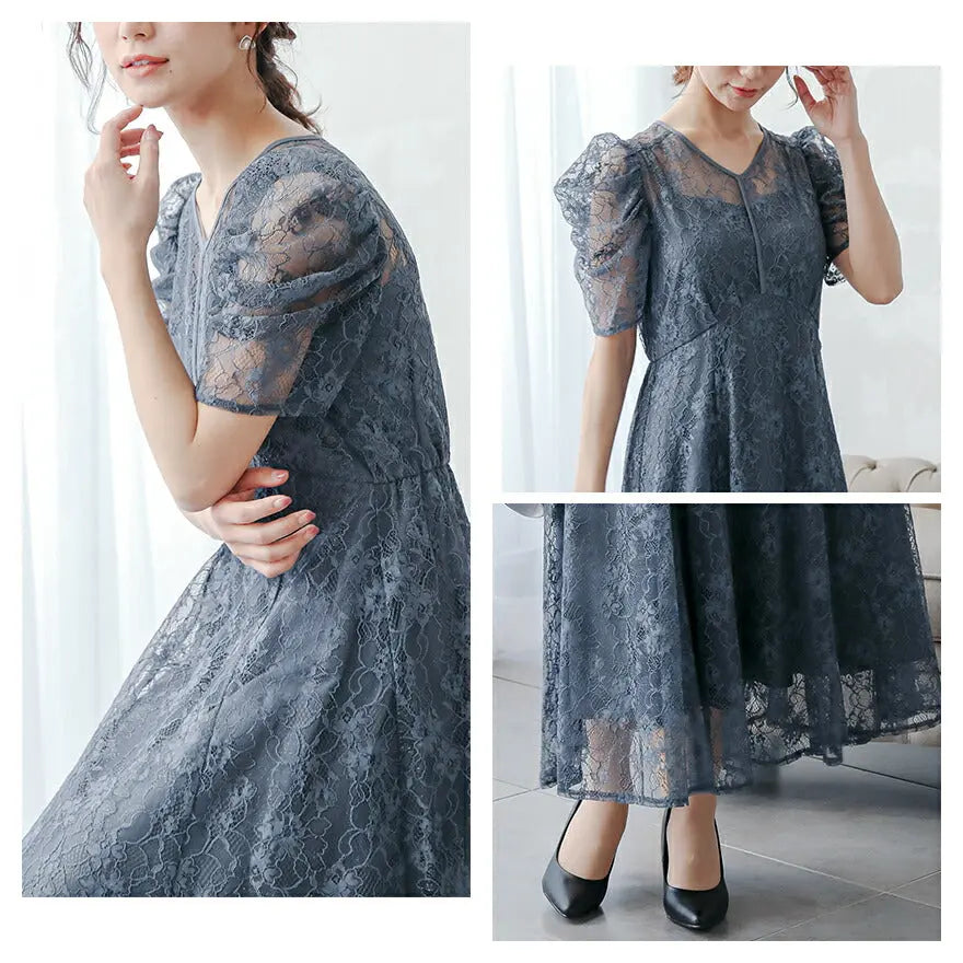 パーティードレス結婚式ドレスワンピースお呼ばれ春夏パワーショルダー袖ありロング丈大きいサイズ二次会謝恩会成人式同窓会体型カバー