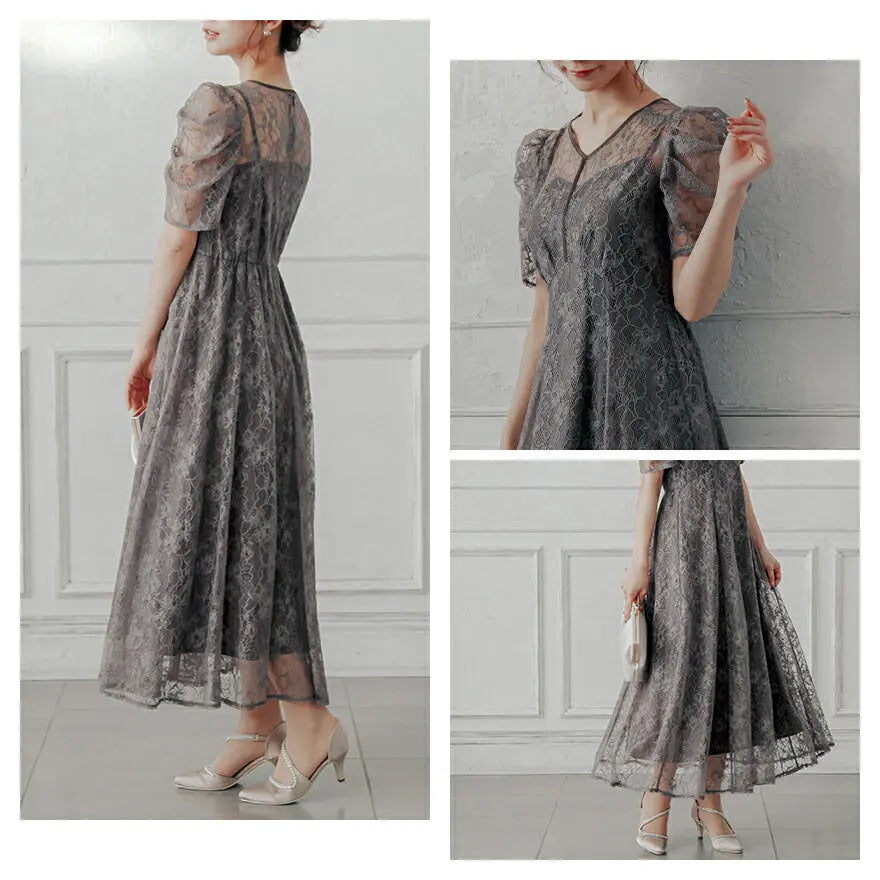 パーティードレス結婚式ドレスワンピースお呼ばれ春夏パワーショルダー袖ありロング丈大きいサイズ二次会謝恩会成人式同窓会体型カバー