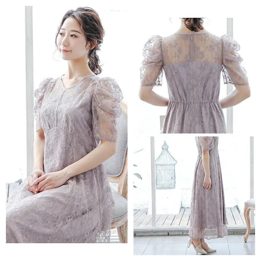 パーティードレス結婚式ドレスワンピースお呼ばれ春夏パワーショルダー袖ありロング丈大きいサイズ二次会謝恩会成人式同窓会体型カバー