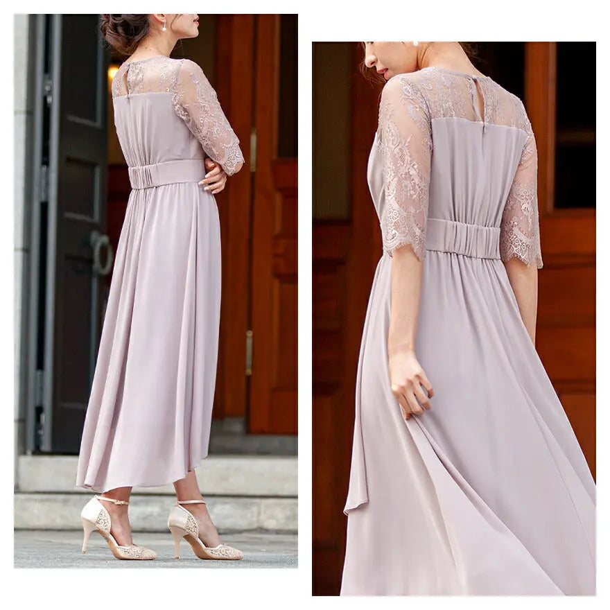 パーティードレスロング七分袖結婚式ワンピースセレモニードレスパーティードレス春夏袖ありロング丈大きいサイズウエストゴム行事二次会謝恩会成人式同窓会体型カバー