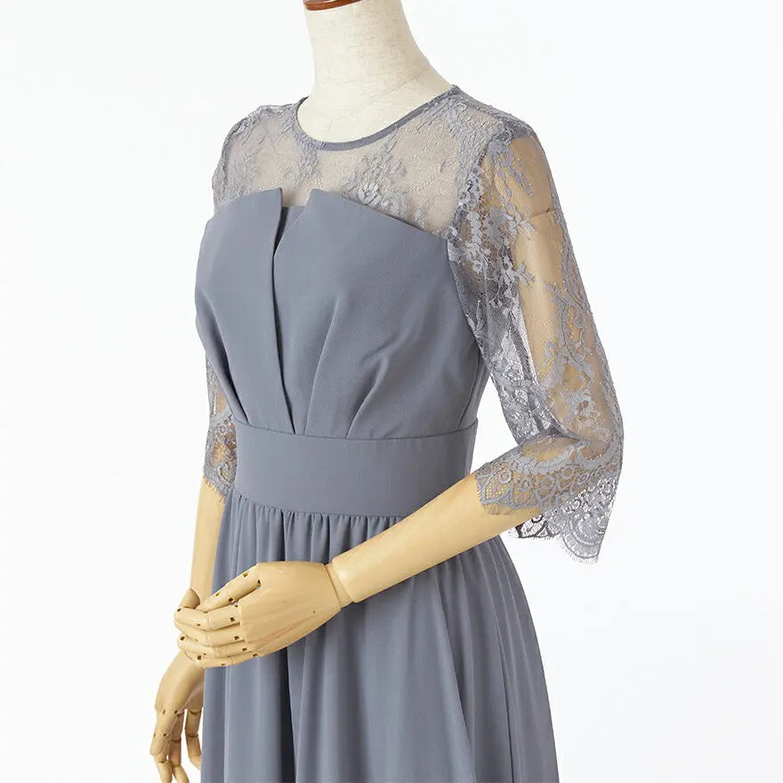 パーティードレスロング七分袖結婚式ワンピースセレモニードレスパーティードレス春夏袖ありロング丈大きいサイズウエストゴム行事二次会謝恩会成人式同窓会体型カバー