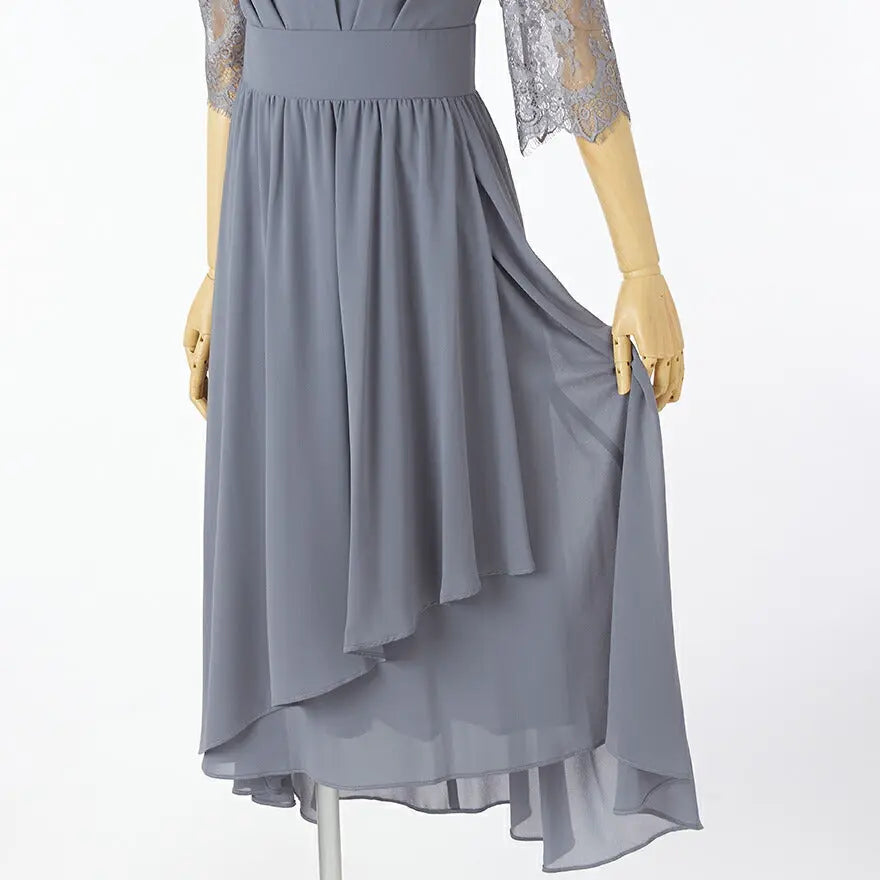 パーティードレスロング七分袖結婚式ワンピースセレモニードレスパーティードレス春夏袖ありロング丈大きいサイズウエストゴム行事二次会謝恩会成人式同窓会体型カバー