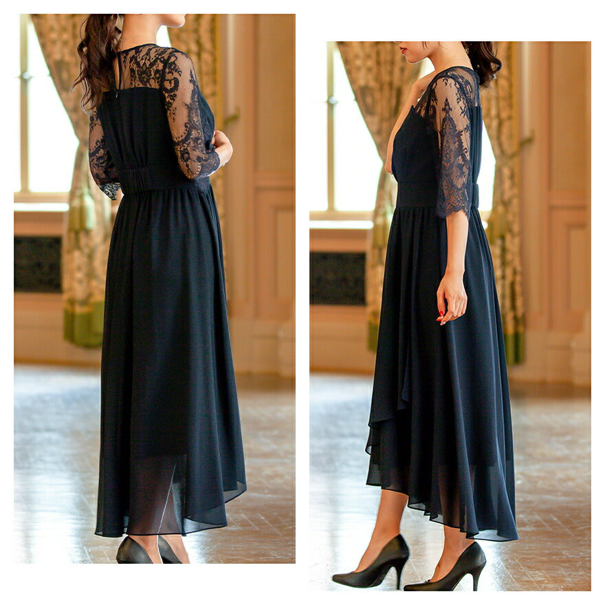 パーティードレスロング七分袖結婚式ワンピースセレモニードレスパーティードレス春夏袖ありロング丈大きいサイズウエストゴム行事二次会謝恩会成人式同窓会体型カバー