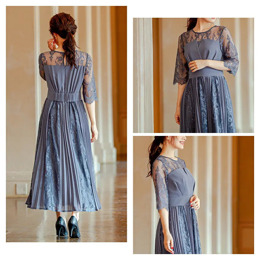 ドレスパーティードレス結婚式ワンピースお呼ばれロング春夏フォーマルプリーツパーティーレースロングドレス袖あり大きいサイズ