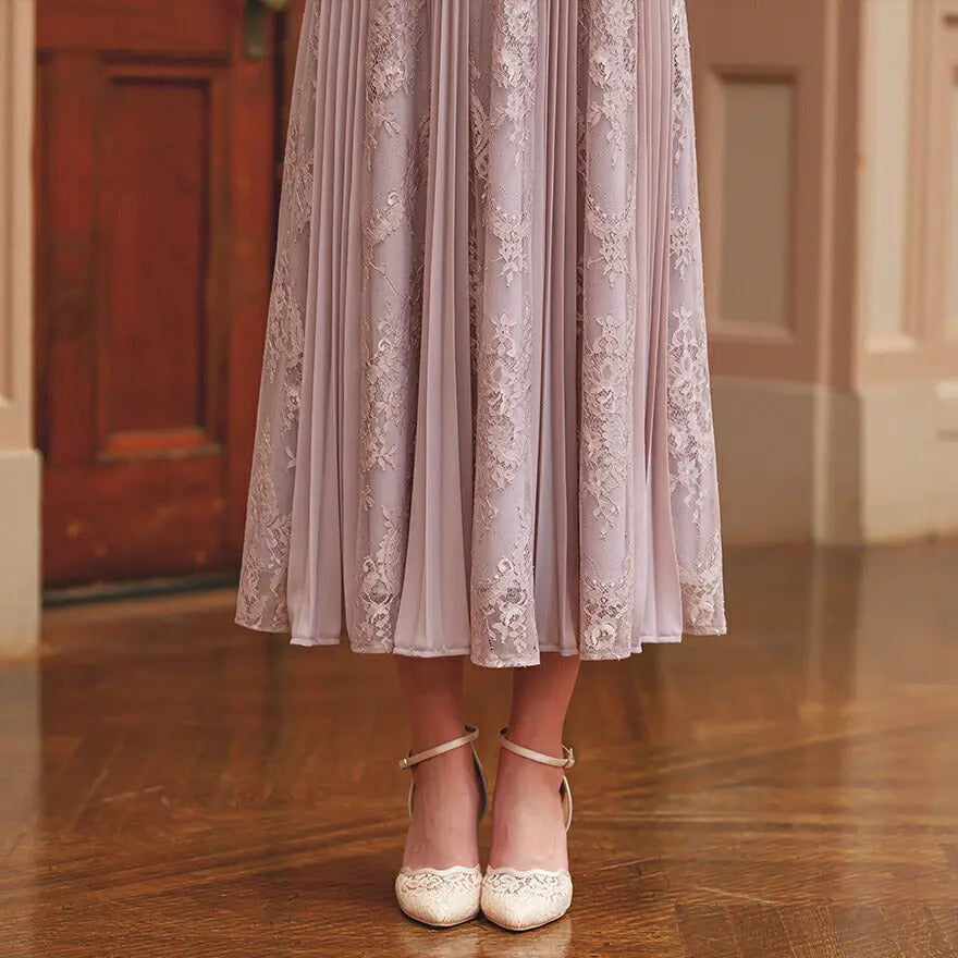 ドレスパーティードレス結婚式ワンピースお呼ばれロング春夏フォーマルプリーツパーティーレースロングドレス袖あり大きいサイズ