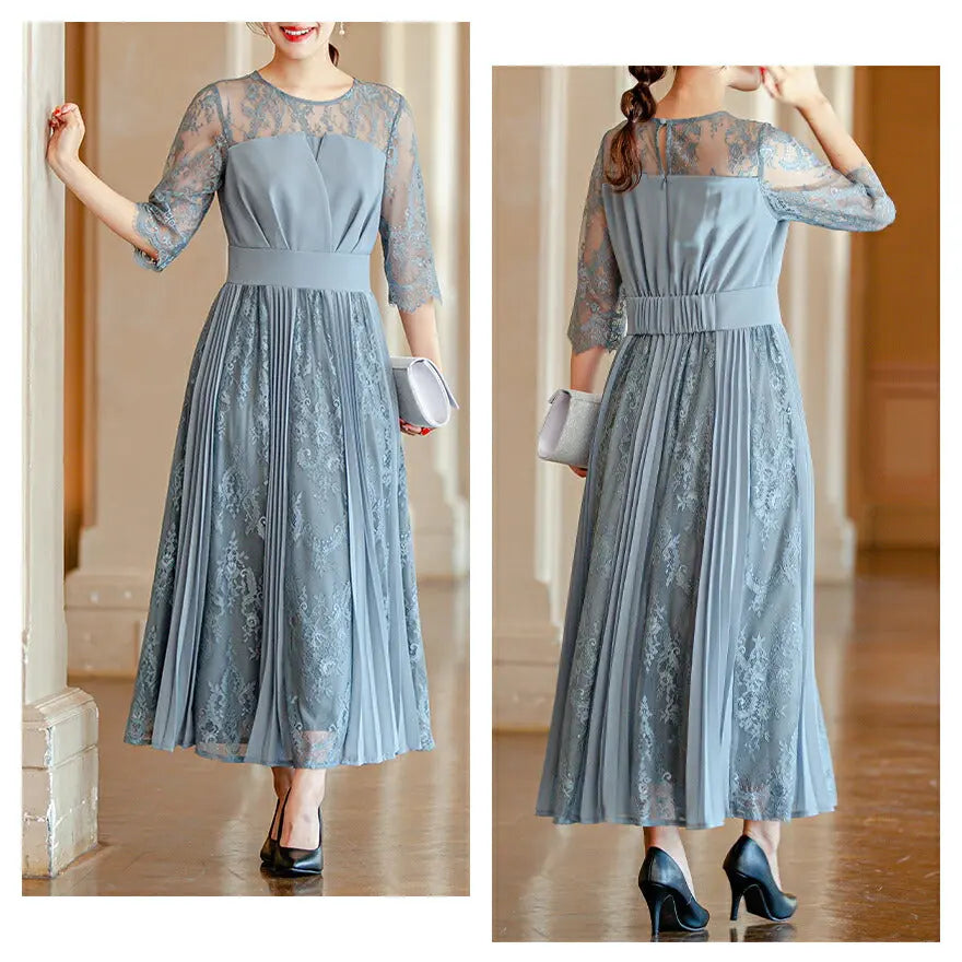 ドレスパーティードレス結婚式ワンピースお呼ばれロング春夏フォーマルプリーツパーティーレースロングドレス袖あり大きいサイズ