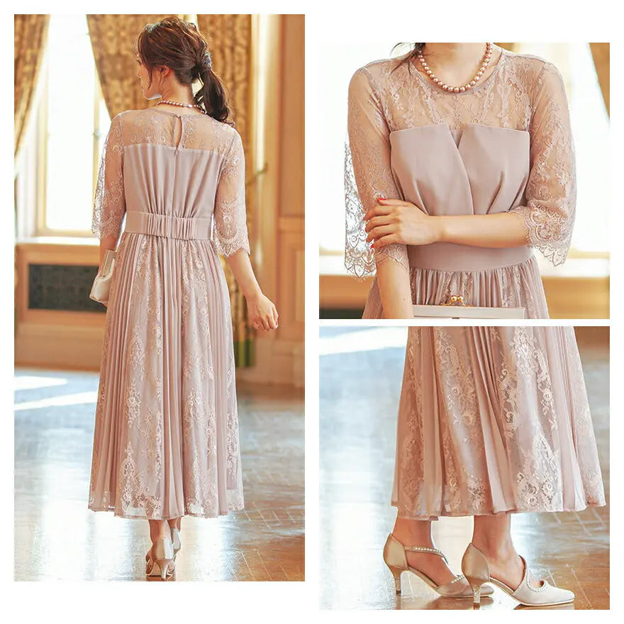ドレスパーティードレス結婚式ワンピースお呼ばれロング春夏フォーマルプリーツパーティーレースロングドレス袖あり大きいサイズ