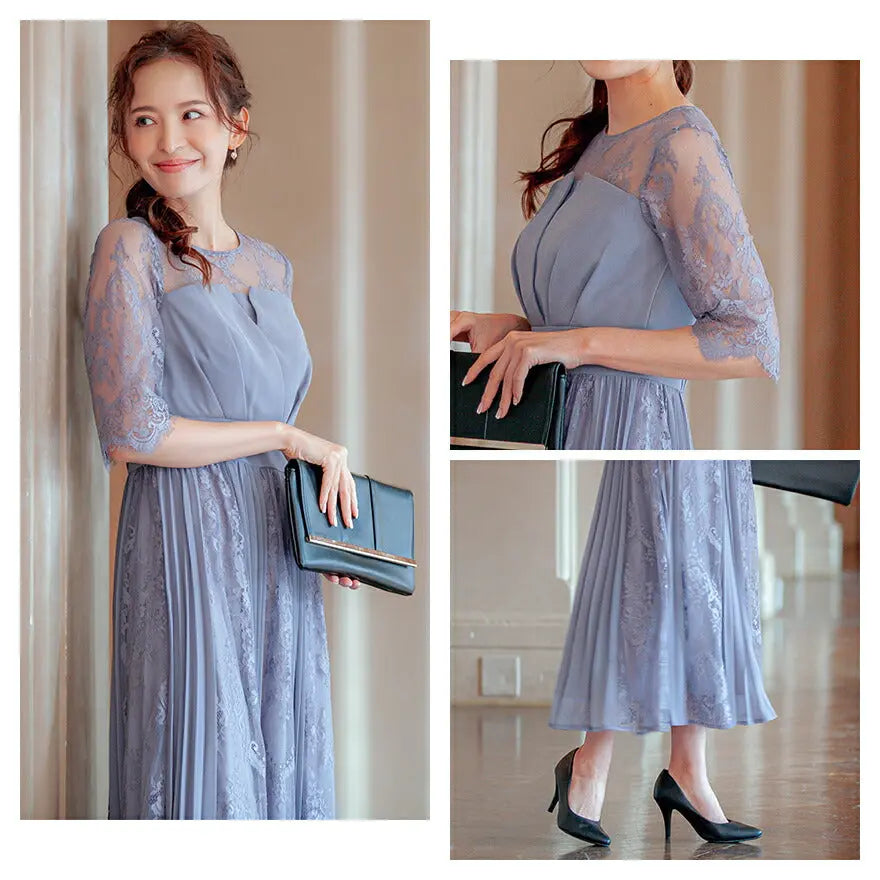 ドレスパーティードレス結婚式ワンピースお呼ばれロング春夏フォーマルプリーツパーティーレースロングドレス袖あり大きいサイズ