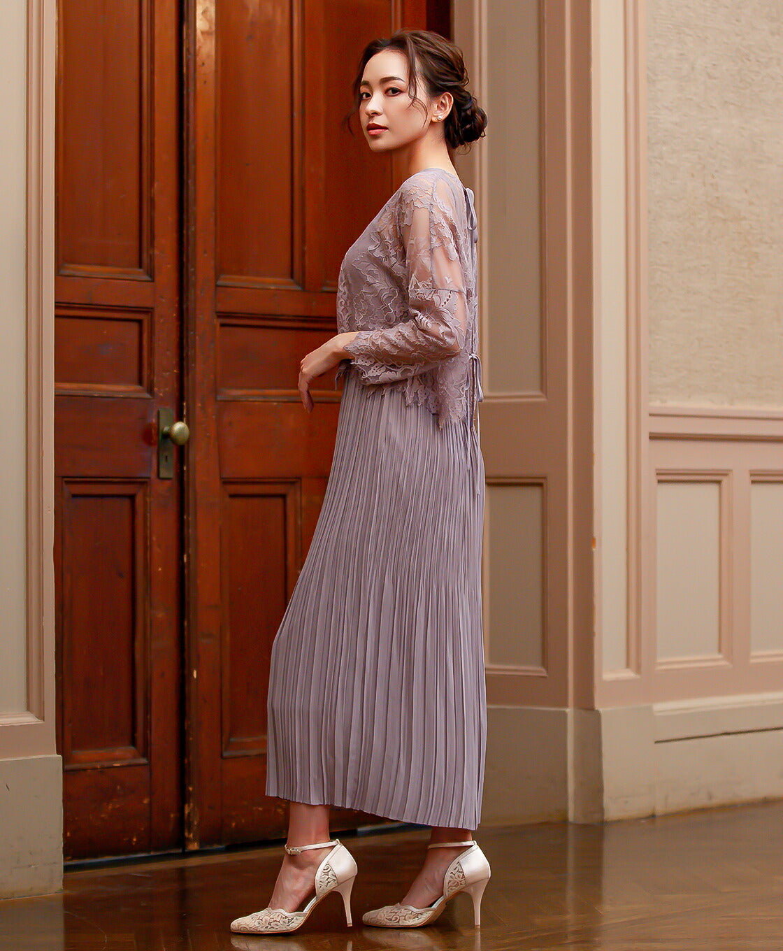 ワンピーススーツ結婚式セレモニードレスパーティードレス秋冬袖ありロング丈大きいサイズロングウエストゴム半袖行事二次会謝恩会成人式同窓会体型カバー