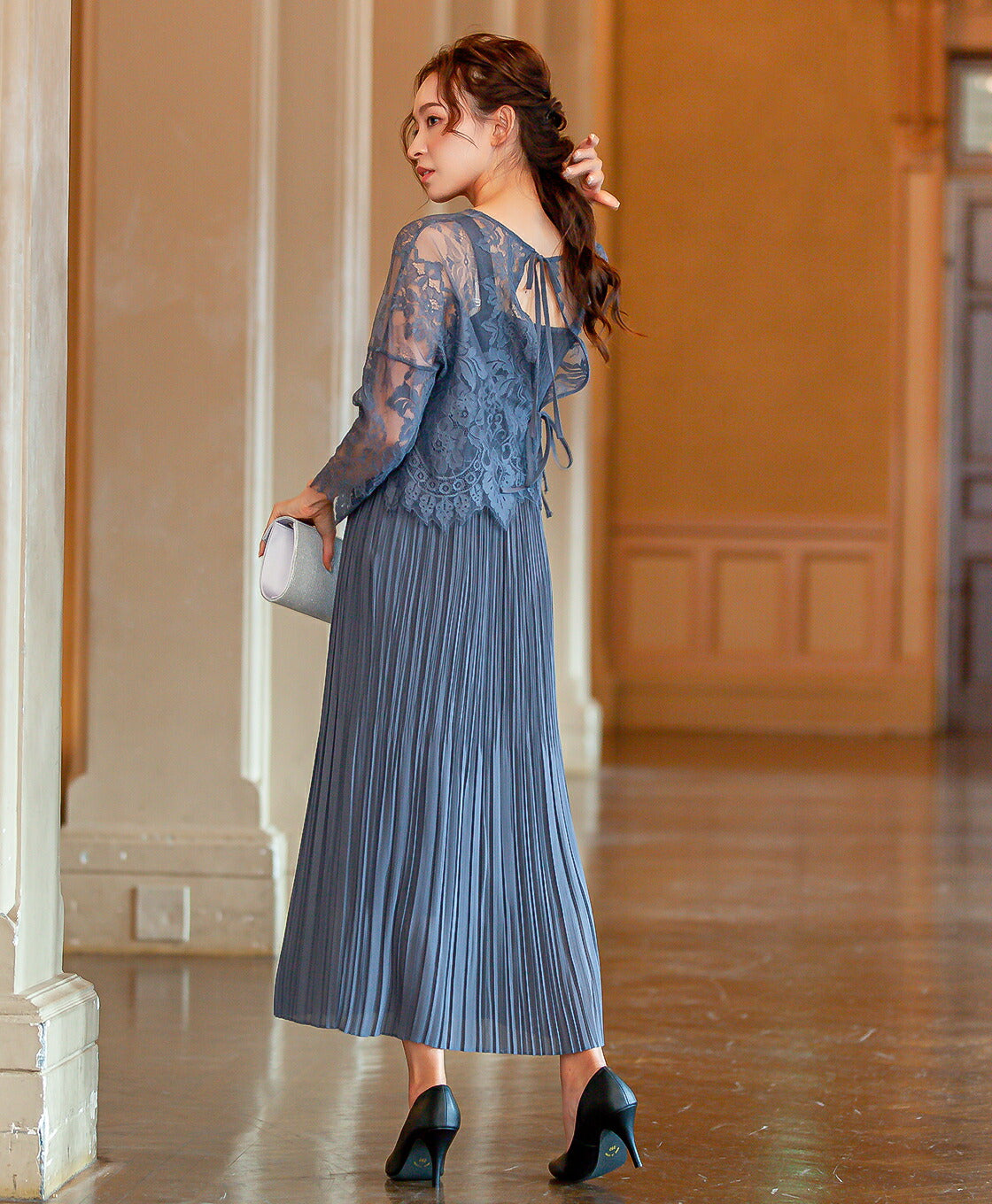 ワンピーススーツ結婚式セレモニードレスパーティードレス秋冬袖ありロング丈大きいサイズロングウエストゴム半袖行事二次会謝恩会成人式同窓会体型カバー