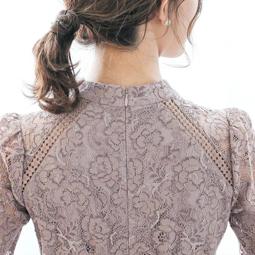 ドレスパーティードレス結婚式ワンピースお呼ばれロング春夏フォーマル総レースハイネックパーティーロングドレス袖あり大きいサイズ