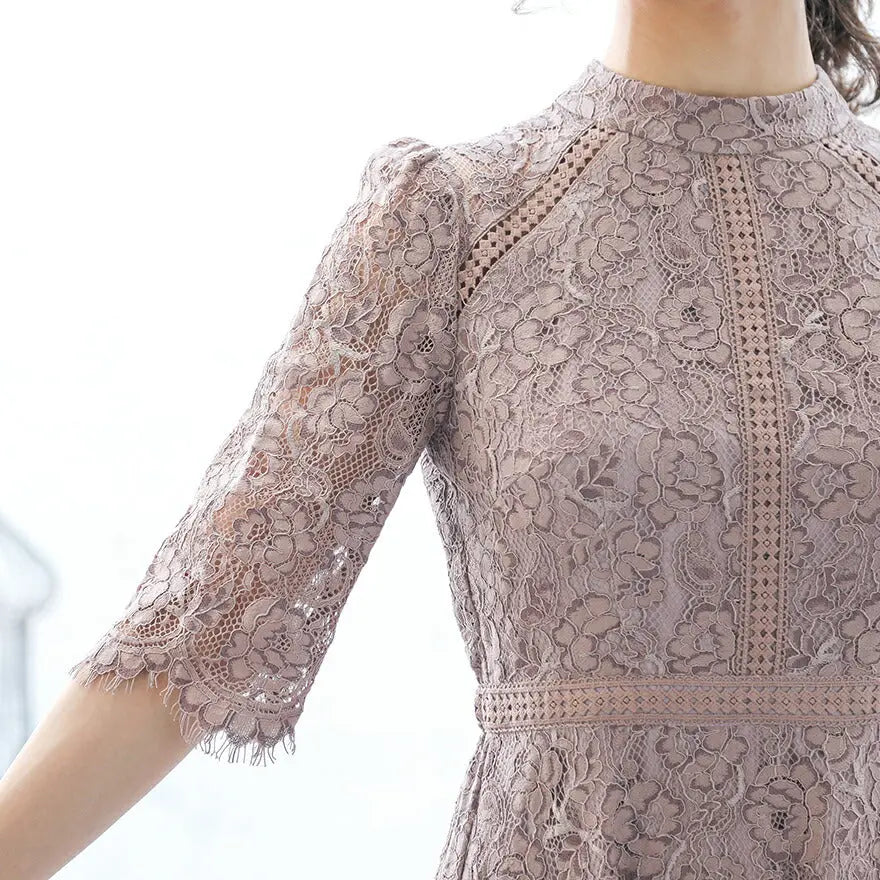 ドレスパーティードレス結婚式ワンピースお呼ばれロング春夏フォーマル総レースハイネックパーティーロングドレス袖あり大きいサイズ