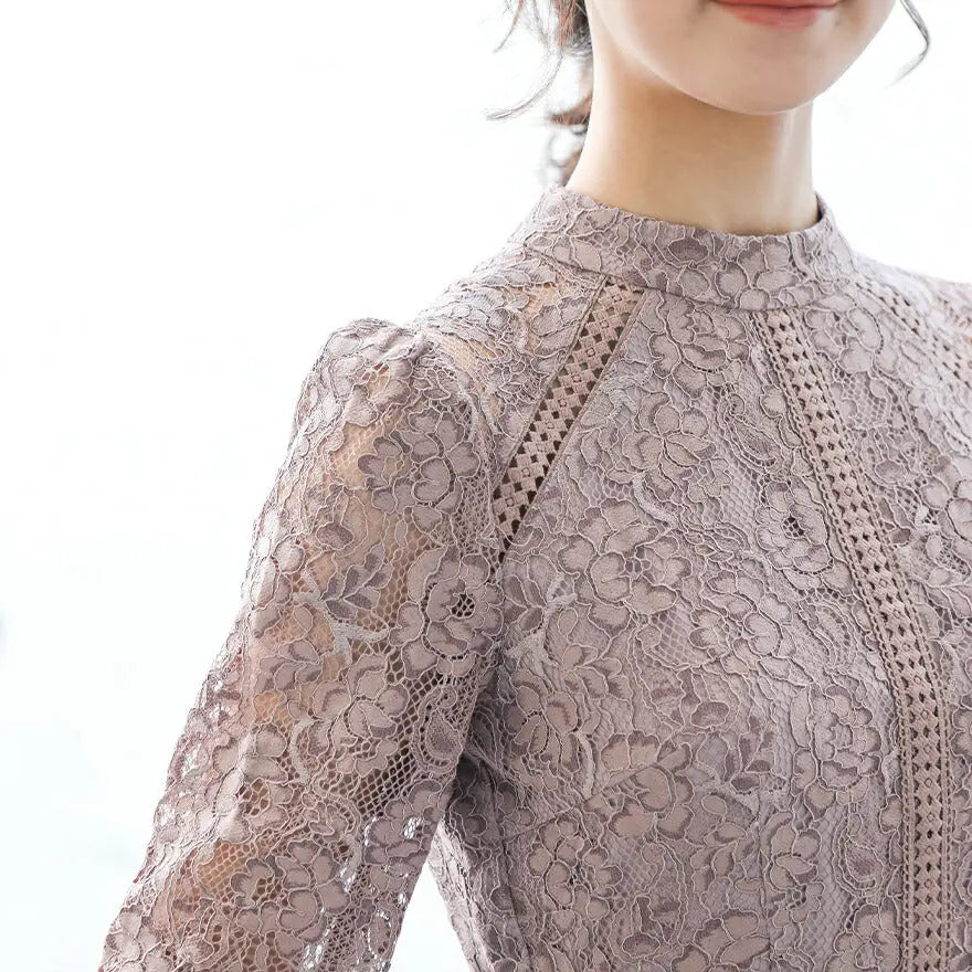 ドレスパーティードレス結婚式ワンピースお呼ばれロング春夏フォーマル総レースハイネックパーティーロングドレス袖あり大きいサイズ