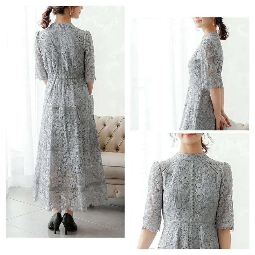 ドレスパーティードレス結婚式ワンピースお呼ばれロング春夏フォーマル総レースハイネックパーティーロングドレス袖あり大きいサイズ