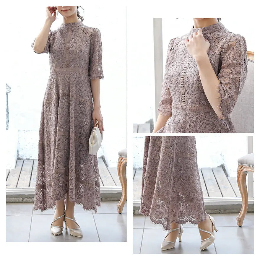 ドレスパーティードレス結婚式ワンピースお呼ばれロング春夏フォーマル総レースハイネックパーティーロングドレス袖あり大きいサイズ