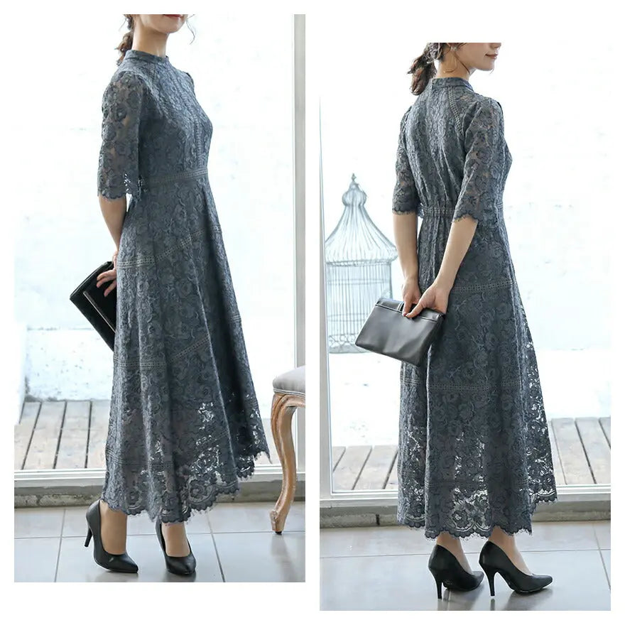 ドレスパーティードレス結婚式ワンピースお呼ばれロング春夏フォーマル総レースハイネックパーティーロングドレス袖あり大きいサイズ