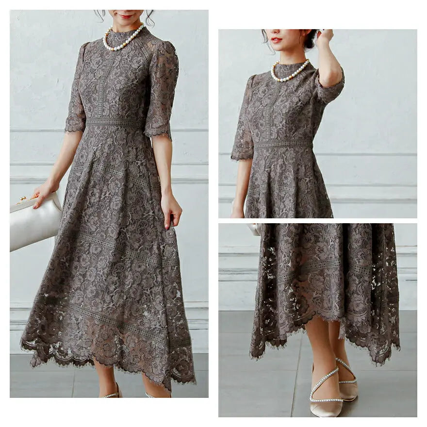 ドレスパーティードレス結婚式ワンピースお呼ばれロング春夏フォーマル総レースハイネックパーティーロングドレス袖あり大きいサイズ