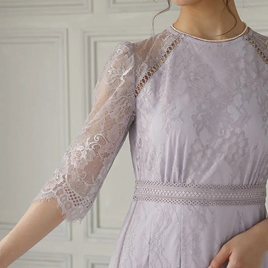 パーティードレス結婚式ワンピースお呼ばれロングフォーマル総レースパワーショルダーパーティーロングドレス袖あり大きいサイズ