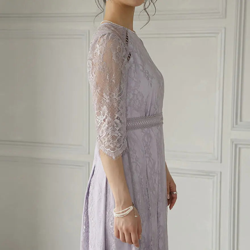 パーティードレス結婚式ワンピースお呼ばれロングフォーマル総レースパワーショルダーパーティーロングドレス袖あり大きいサイズ