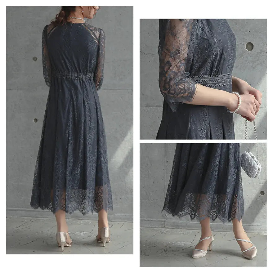 パーティードレス結婚式ワンピースお呼ばれロングフォーマル総レースパワーショルダーパーティーロングドレス袖あり大きいサイズ