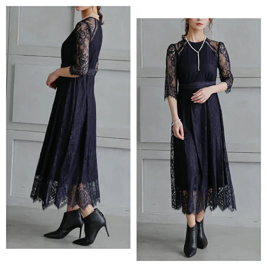 パーティードレス結婚式ワンピースお呼ばれロングフォーマル総レースパワーショルダーパーティーロングドレス袖あり大きいサイズ