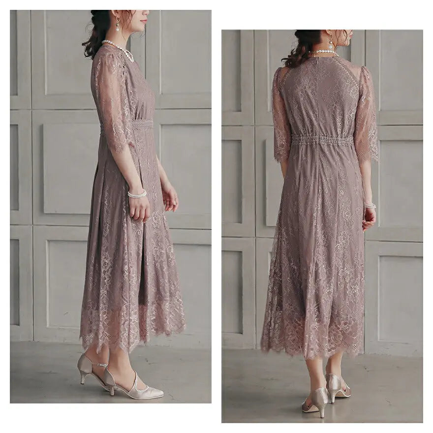 パーティードレス結婚式ワンピースお呼ばれロングフォーマル総レースパワーショルダーパーティーロングドレス袖あり大きいサイズ