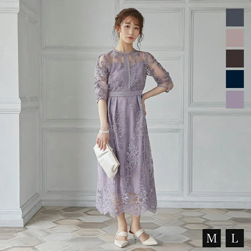 パーティードレス結婚式ワンピースお呼ばれロングフォーマル総レースパワーショルダーパーティーロングドレス袖あり大きいサイズ