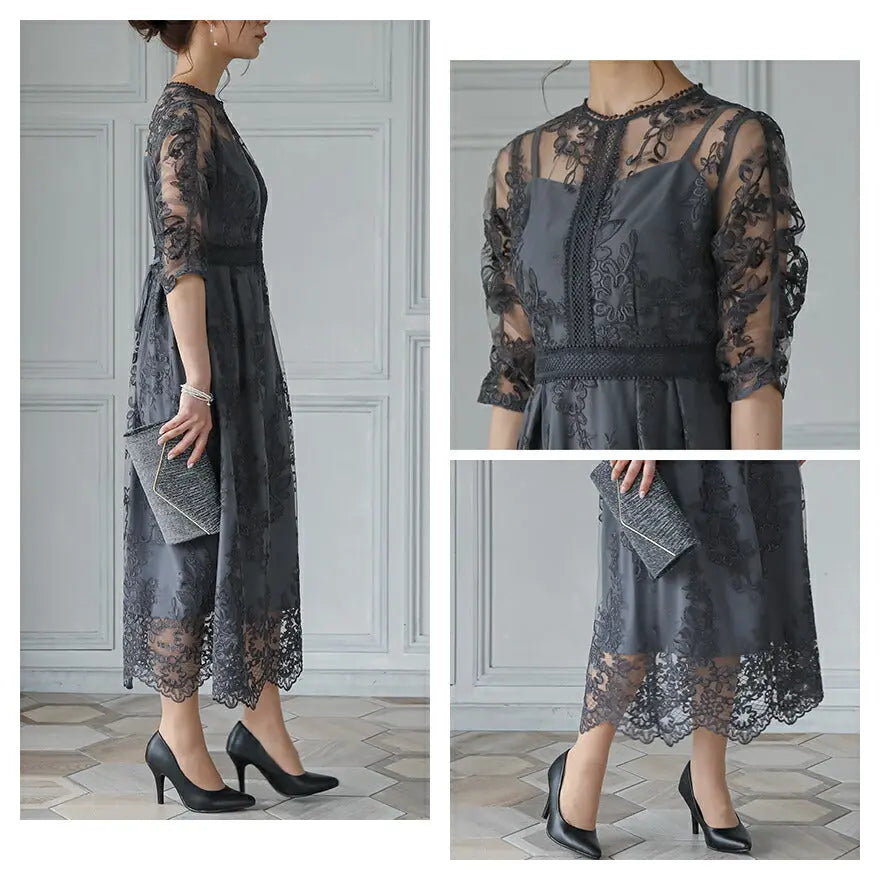 パーティードレス結婚式ワンピースお呼ばれロングフォーマル総レースパワーショルダーパーティーロングドレス袖あり大きいサイズ