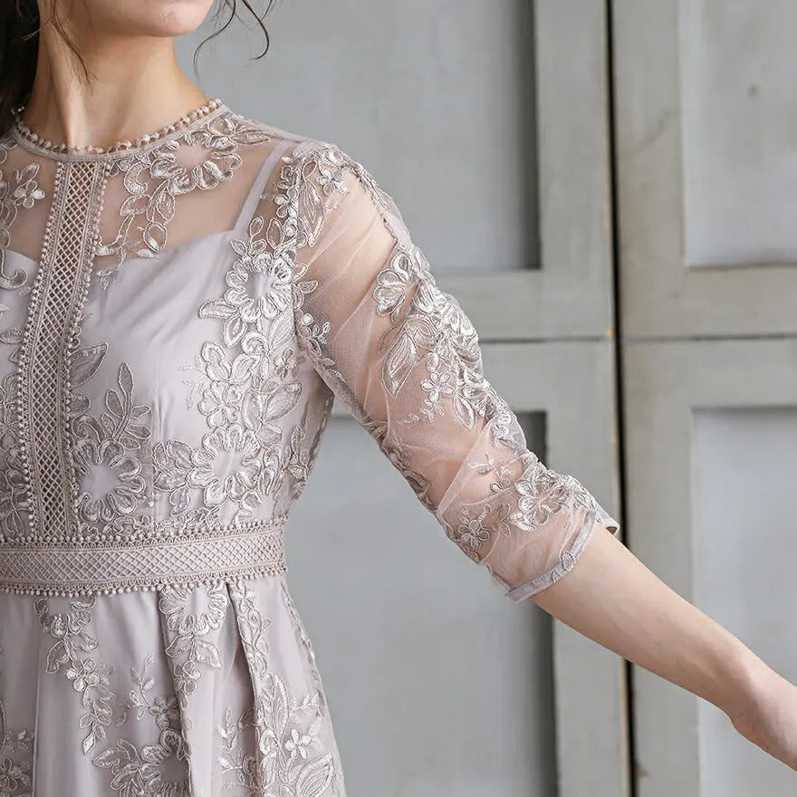 パーティードレス結婚式ワンピースお呼ばれロングフォーマル総レースパワーショルダーパーティーロングドレス袖あり大きいサイズ