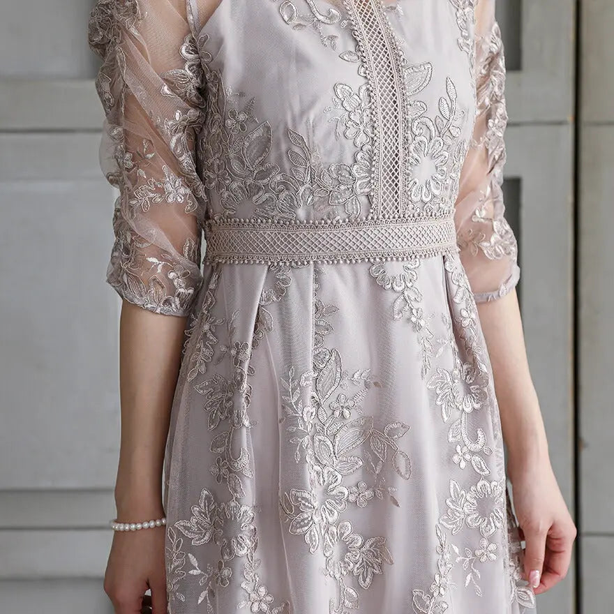 パーティードレス結婚式ワンピースお呼ばれロングフォーマル総レースパワーショルダーパーティーロングドレス袖あり大きいサイズ