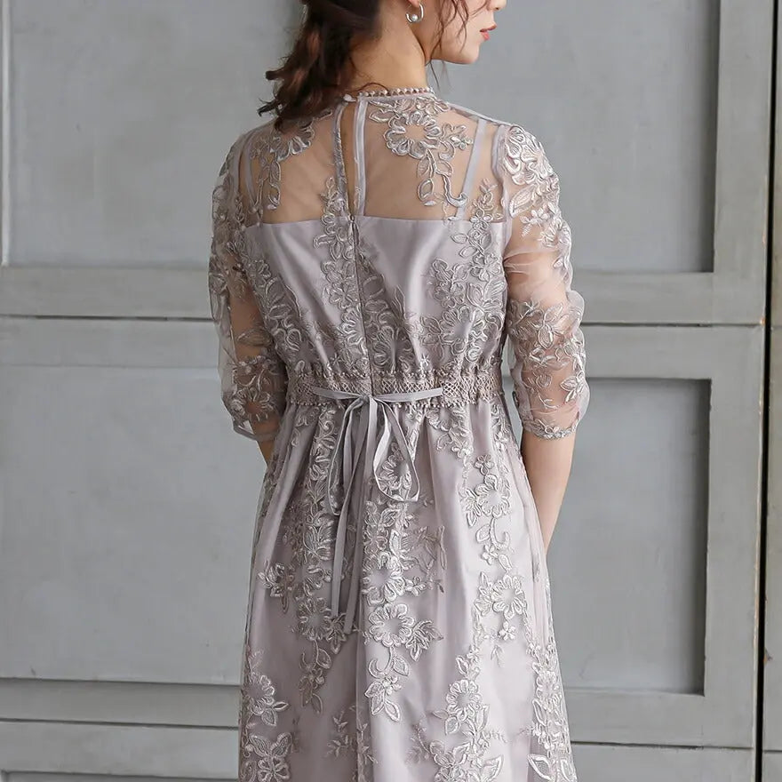 パーティードレス結婚式ワンピースお呼ばれロングフォーマル総レースパワーショルダーパーティーロングドレス袖あり大きいサイズ