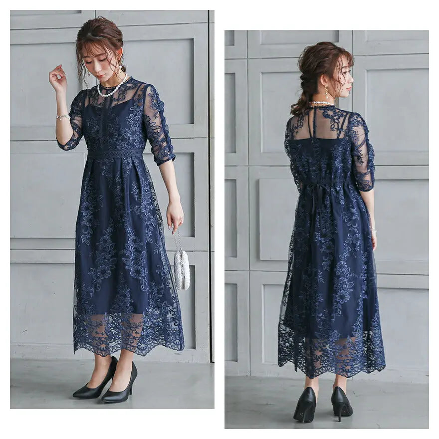 パーティードレス結婚式ワンピースお呼ばれロングフォーマル総レースパワーショルダーパーティーロングドレス袖あり大きいサイズ