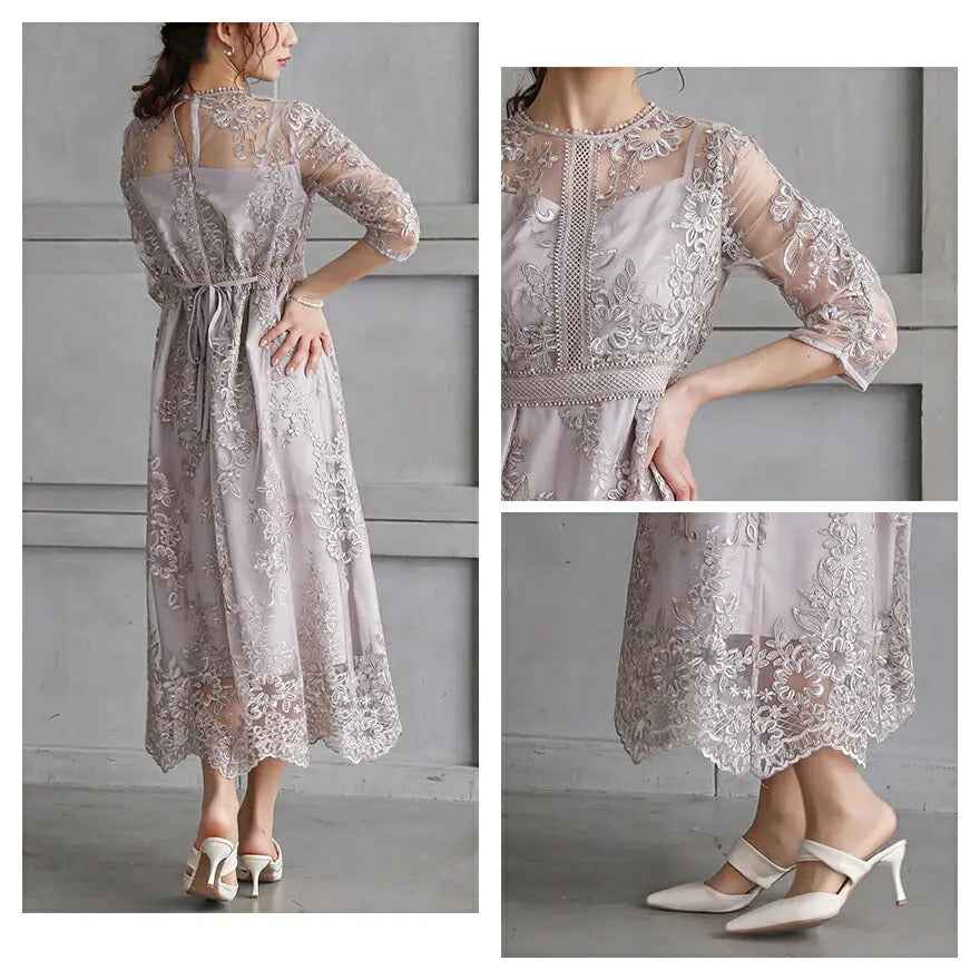 パーティードレス結婚式ワンピースお呼ばれロングフォーマル総レースパワーショルダーパーティーロングドレス袖あり大きいサイズ