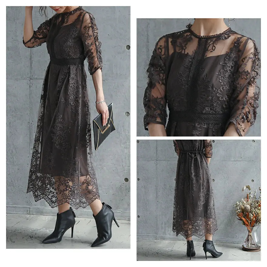 パーティードレス結婚式ワンピースお呼ばれロングフォーマル総レースパワーショルダーパーティーロングドレス袖あり大きいサイズ