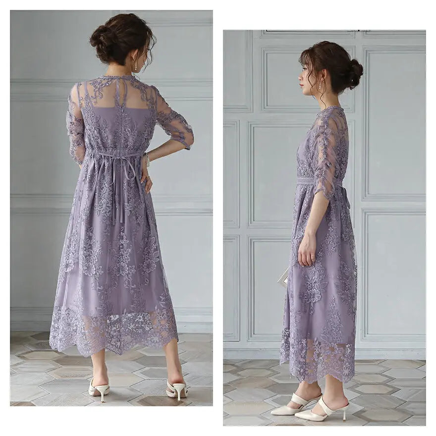 パーティードレス結婚式ワンピースお呼ばれロングフォーマル総レースパワーショルダーパーティーロングドレス袖あり大きいサイズ