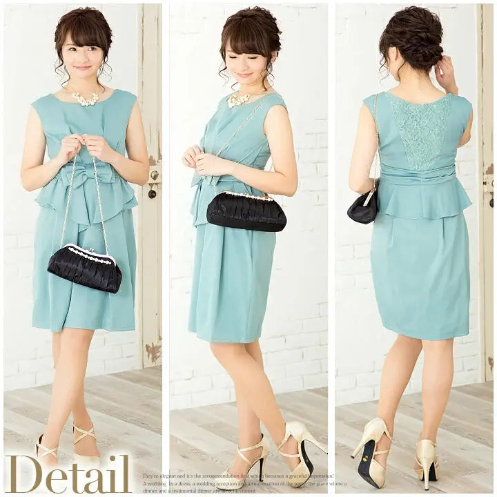 パーティードレス結婚式ワンピースドレスMサイズLサイズパーティドレスフリルペプラム9号11号パーティ２次会リボンお呼ばれパーティワンピレース